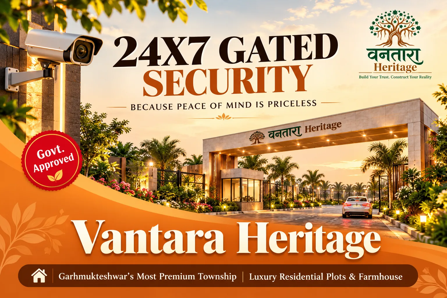 Gated entrance with security cabin and CCTV at Vantara Heritage township in Garhmukteshwar