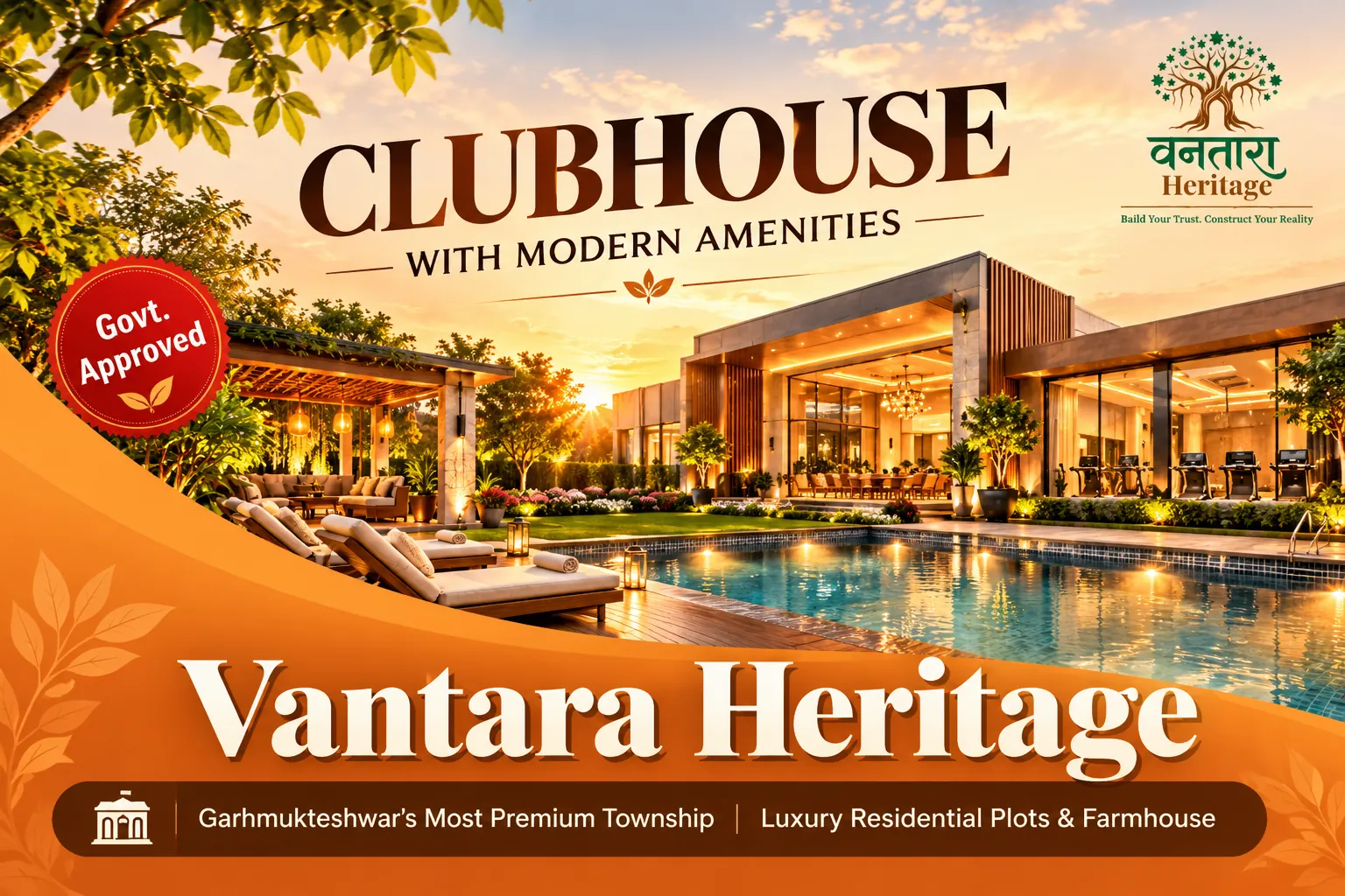 Clubhouse with swimming pool, loungers and lit pergola at Vantara Heritage township at sunset