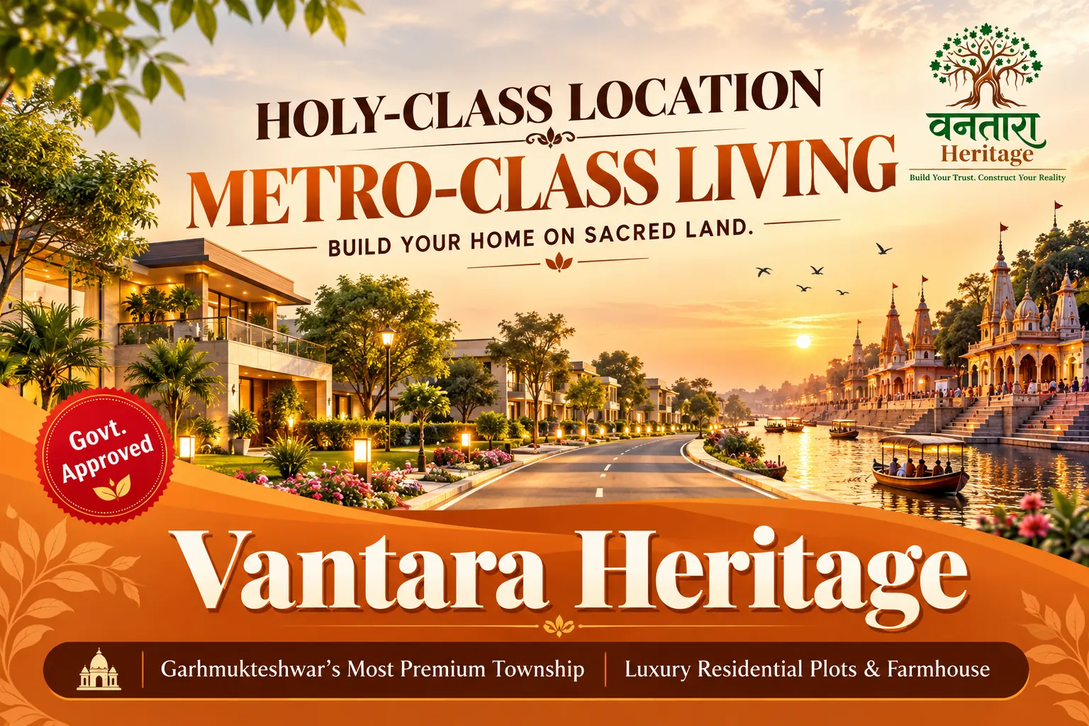 Wide township road with villas on one side and the Ganga ghat on the other at Vantara Heritage