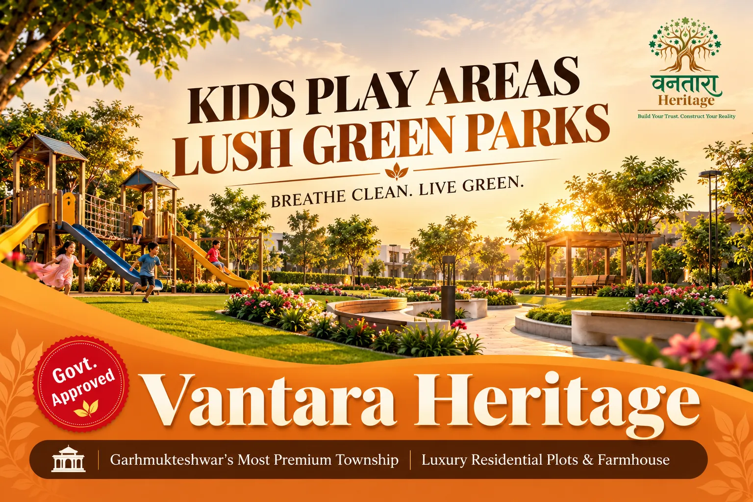 Children playing in a green park with slides and flower beds inside Vantara Heritage township