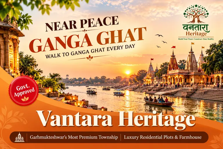 Ganga ghat with temples and boats near Vantara Heritage plots Garhmukteshwar