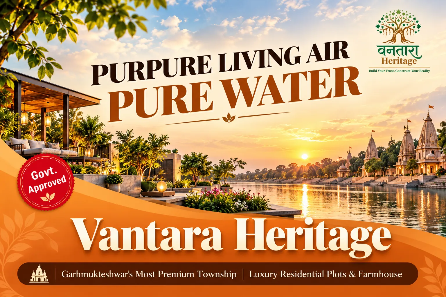 Sunset over the Ganga near Garhmukteshwar with a landscaped lounge, from the Vantara Heritage township